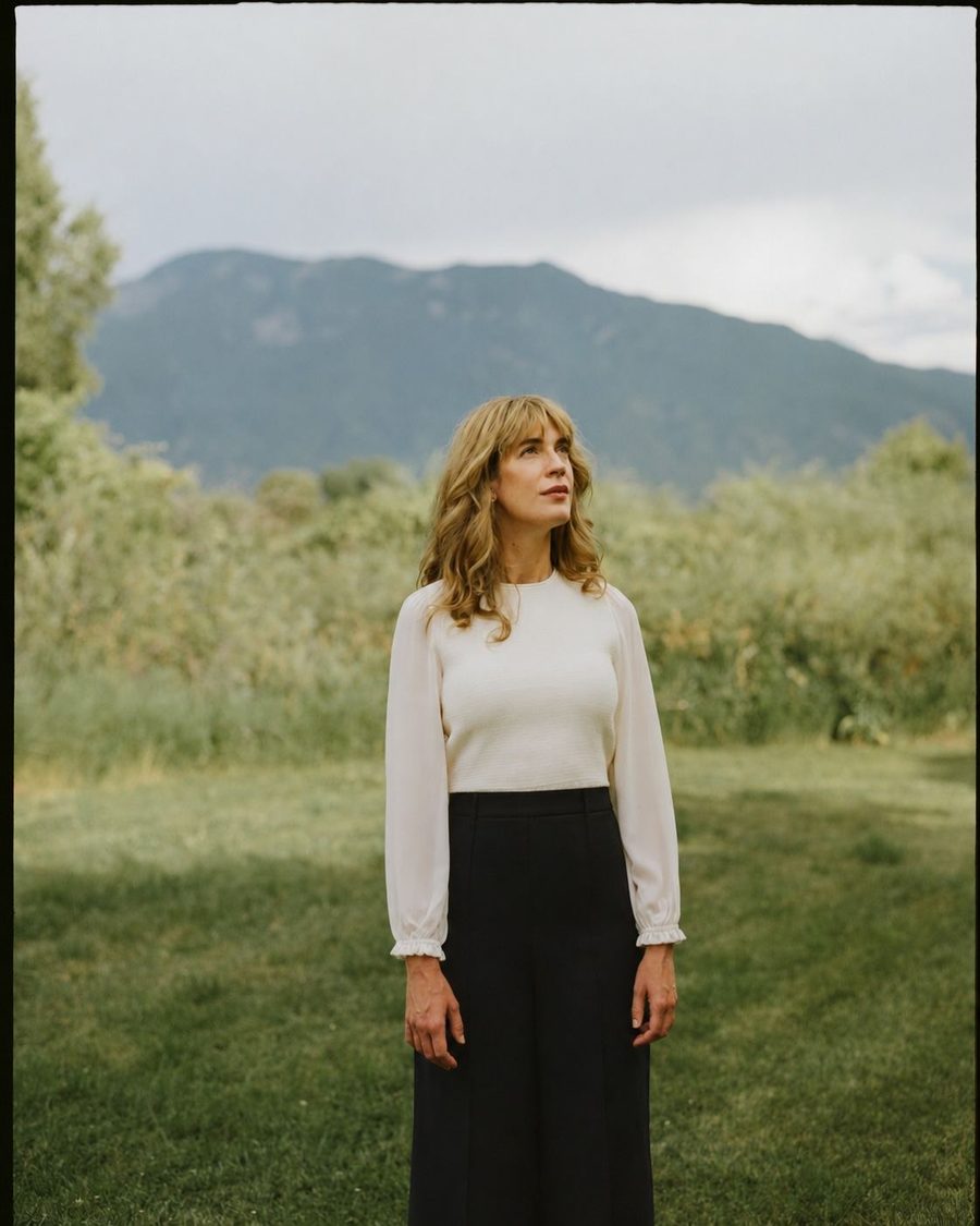 Dr. Anne Metz standing in a field with mountains behind her